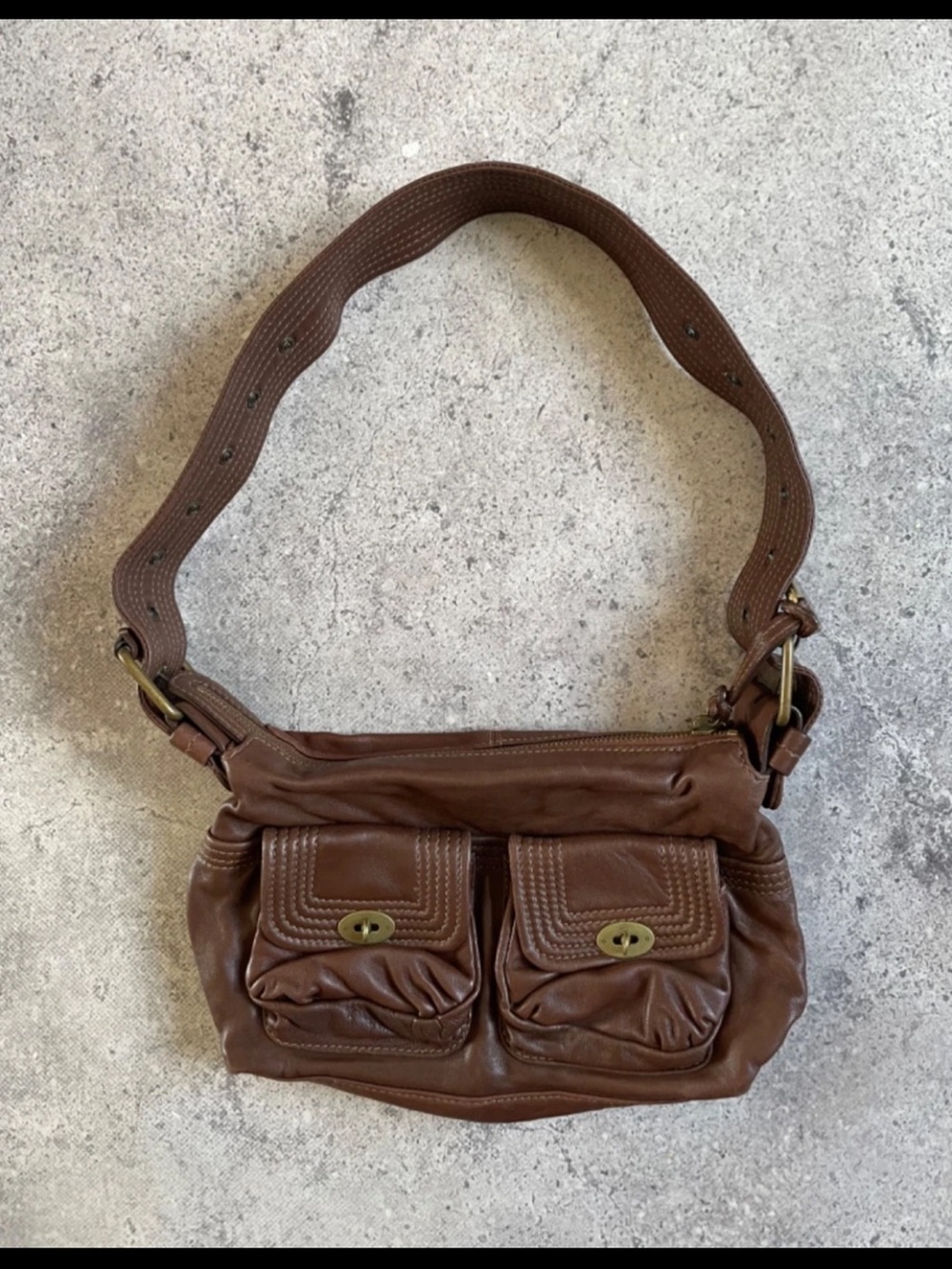 Mulberry Brown Leather Shoulder Bag with Front Turn-Lock Pockets